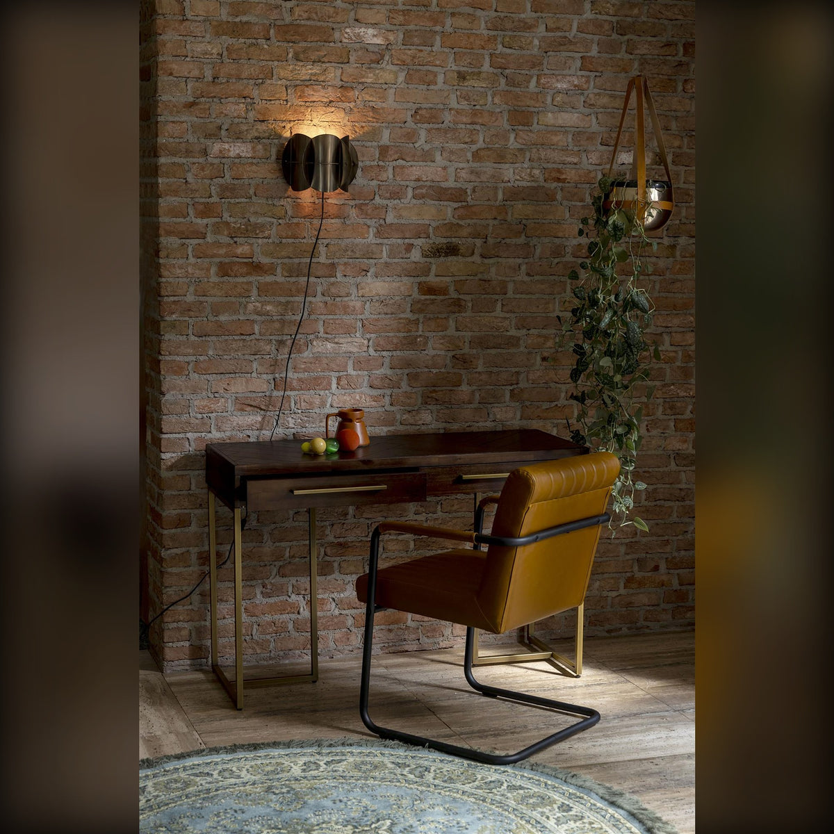 Console Table Class Brown Domestica – Lifestyle – Workspace Against a Brick Wall with Leather Chair