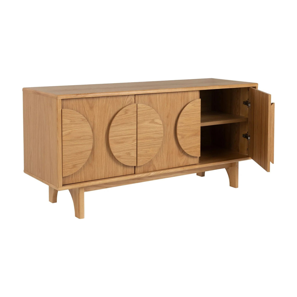 Sideboard Groove 3 Doors Natural Oak Domestica – Three Quarter View on White, Right Door Open