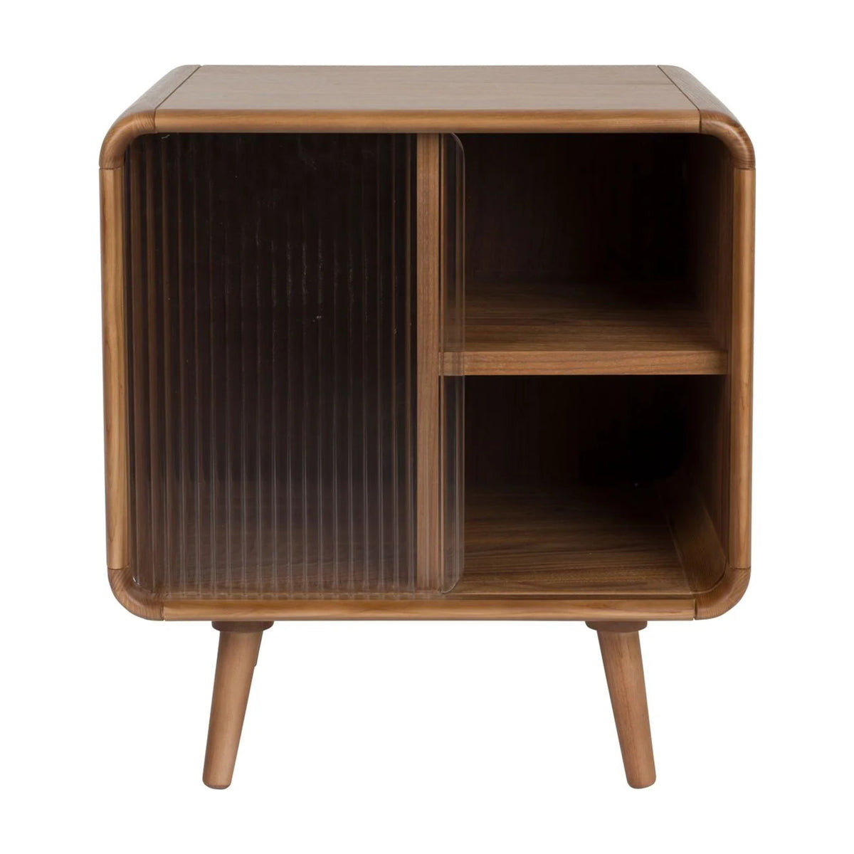 Side Table Rise Walnut Domestica – Front View on White, Fluted Glass Door Slid Left