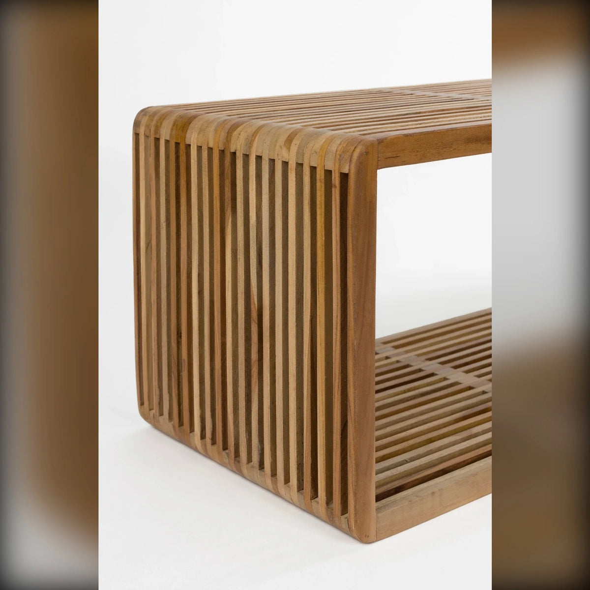 Coffee Table Djia Natural Teak Domestica – End Panel and Open Shelf Close-up