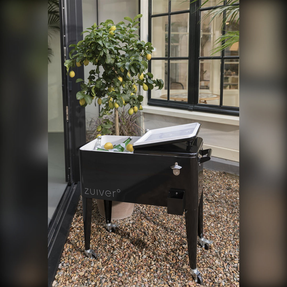 Cooler Be Cool Black Domestica – Lifestyle – Open Lid by a Garden Window