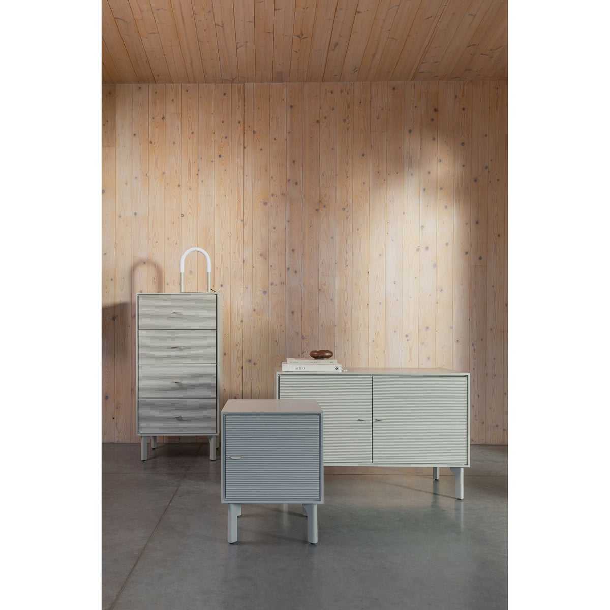 Sideboard Morning 2 Doors Grey Domestica – Lifestyle – Group of Cabinets in a Wood-Panelled Room