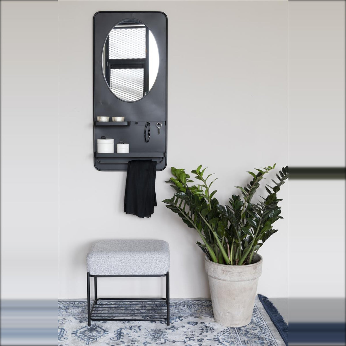 Stool Milou Rectangular Domestica – Lifestyle – Below a Black Wall Mirror and Shelf