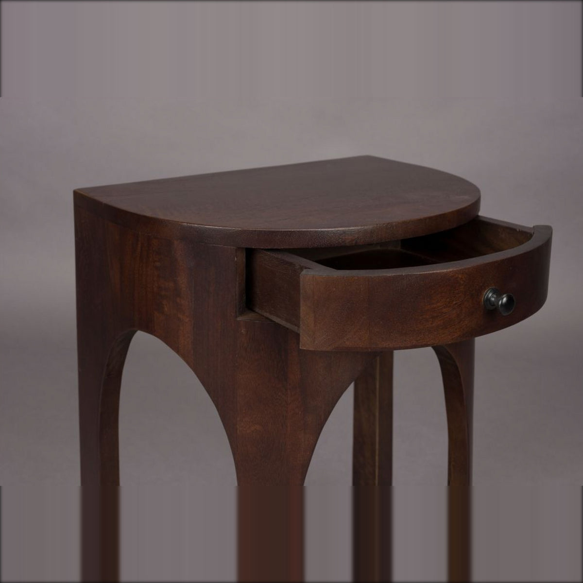 Side Table Belvedere Walnut Domestica – Open Drawer and Arched Frame Detail