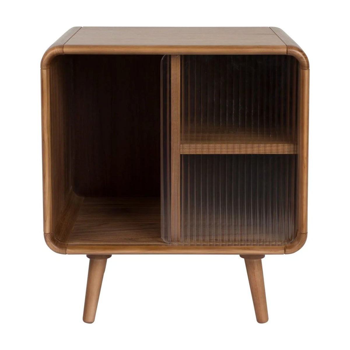 Side Table Rise Walnut Domestica – Front View on White, Fluted Glass Door Slid Right