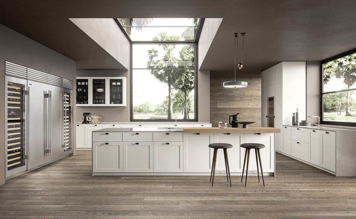 Pedini Quadra 70 kitchen with island and bar stools