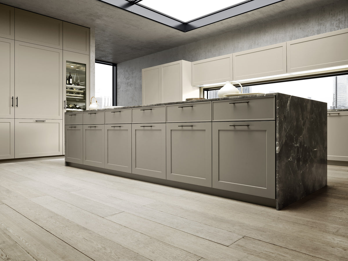 Pedini Quadra 70 island with raised-frame doors