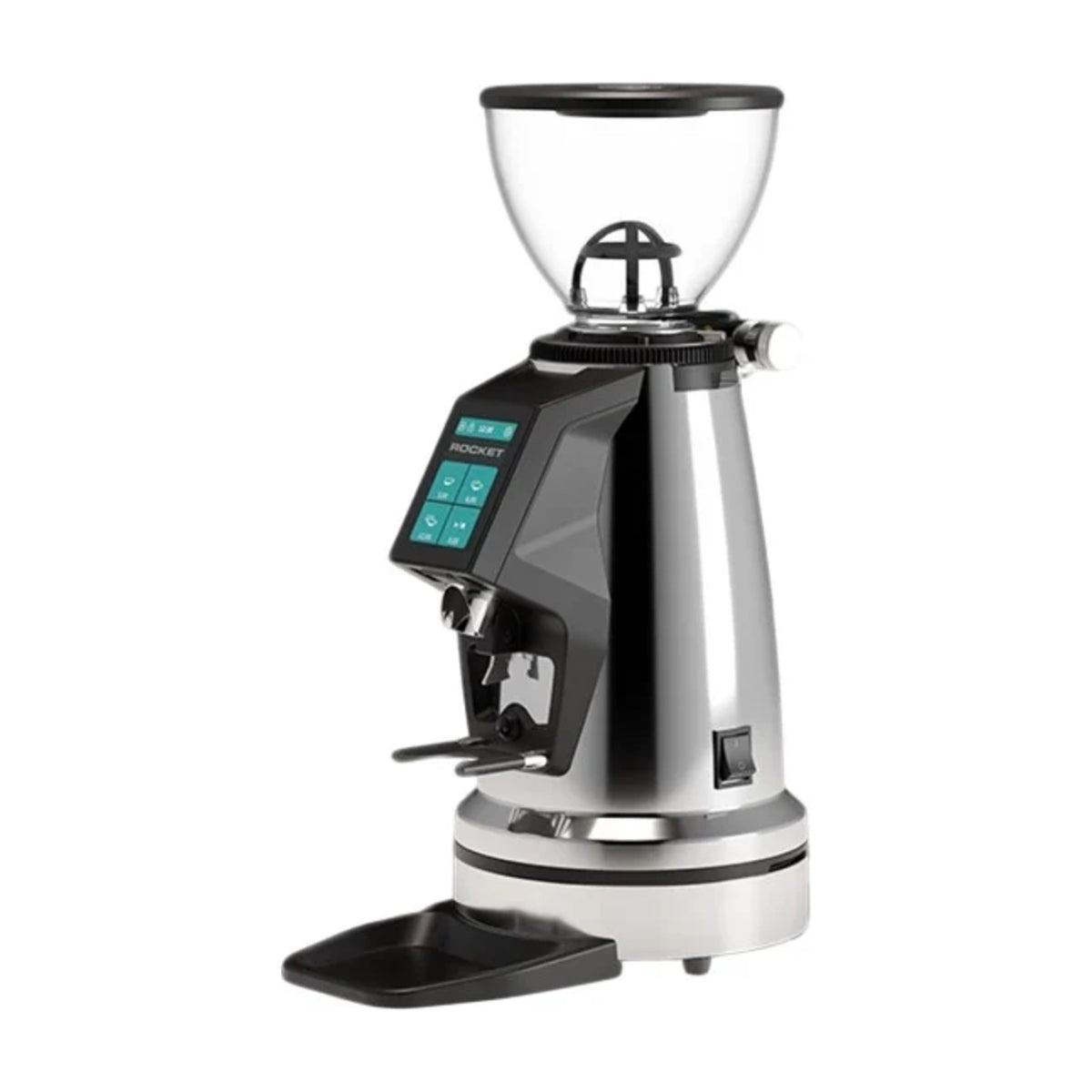 Coffee Grinder Spluga Élite Chrome Rocket Espresso Domestica – Three Quarter View on White, Second Angle