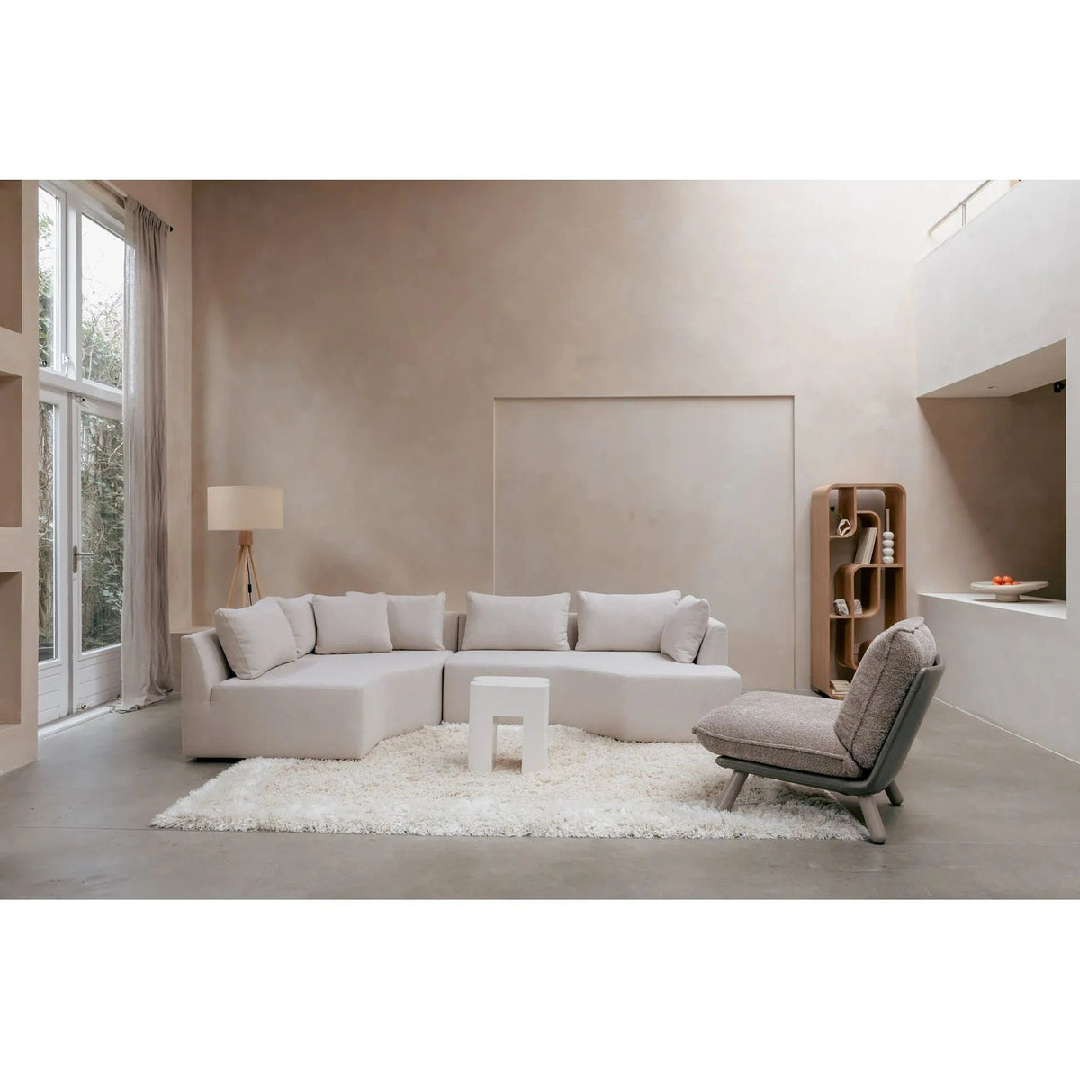 Lounge Chair Lazy Sack Soft Beige Domestica – Lifestyle – Living Room with Sofa and Shelving