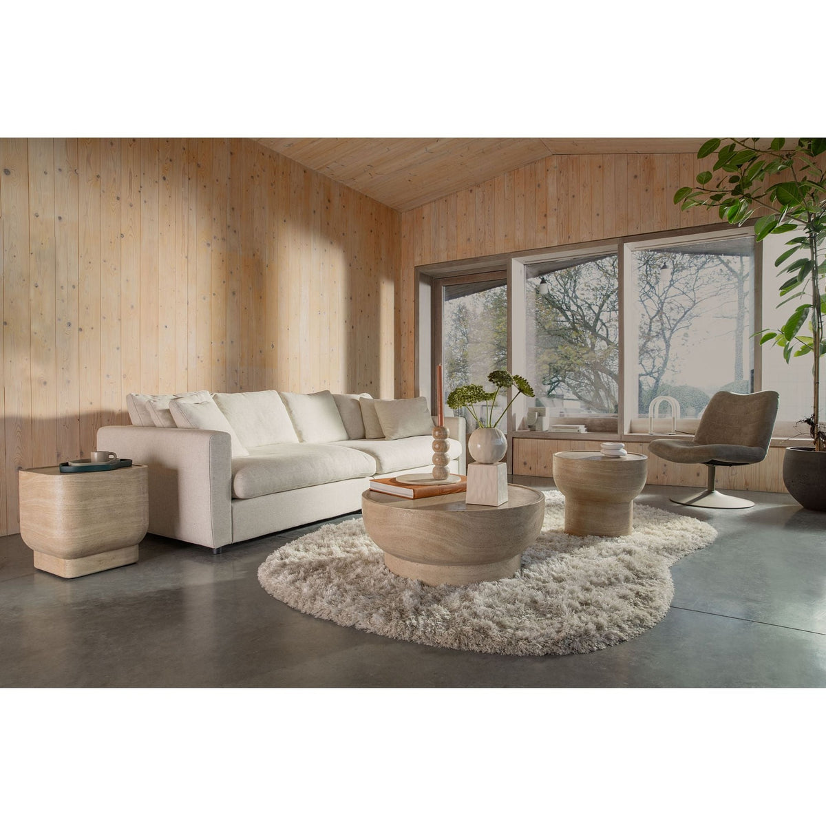 Side Table Noble Square Beige Domestica – Lifestyle – Living Room with Sofa and Round Rug