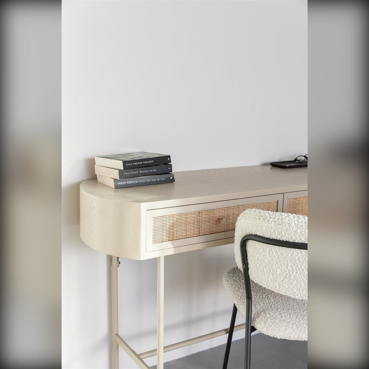 Console Table Amaya Beige Domestica – Lifestyle – Used as a Desk, Close View