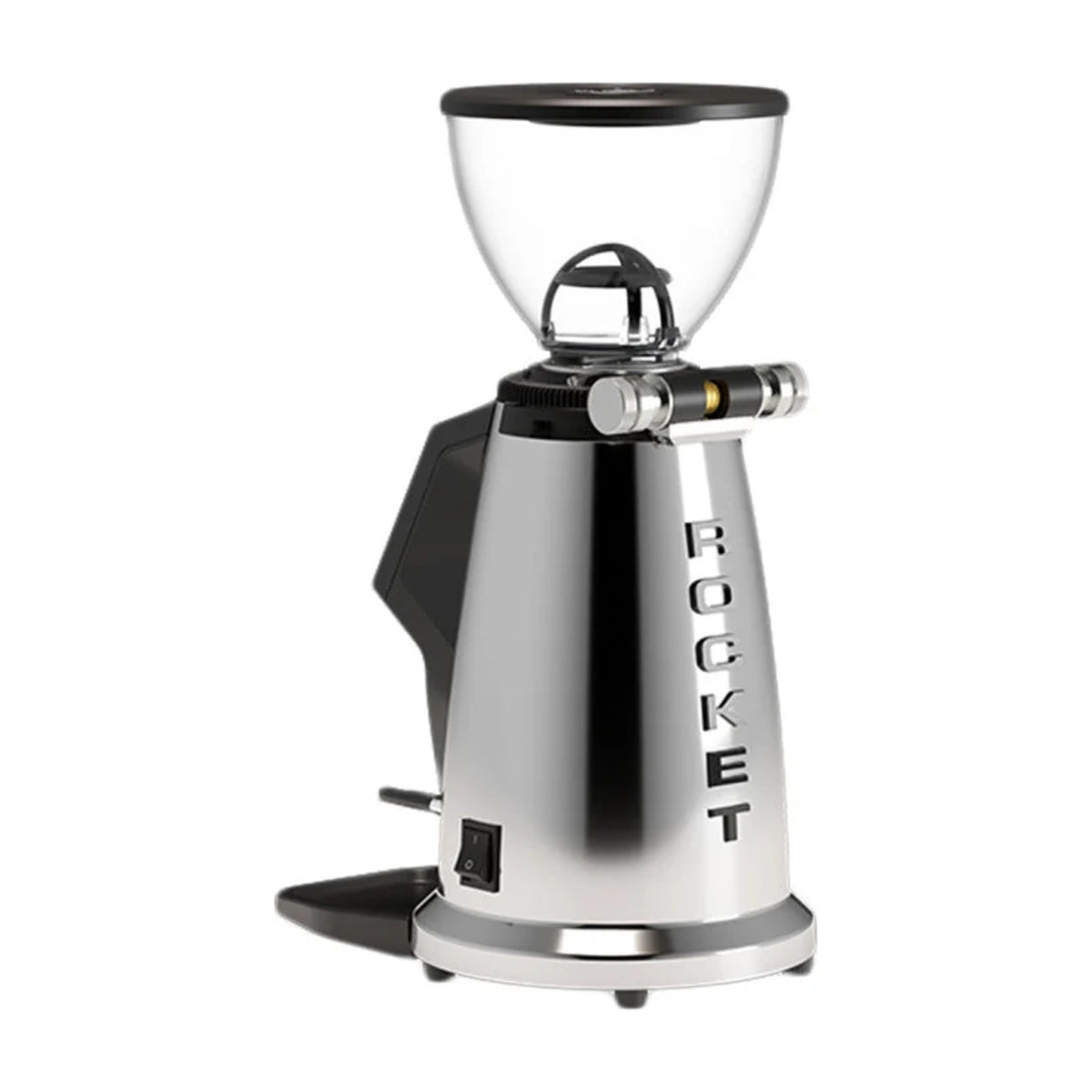 Coffee Grinder Spluga Rocket Espresso Domestica – Chrome, Rear Three Quarter View on White