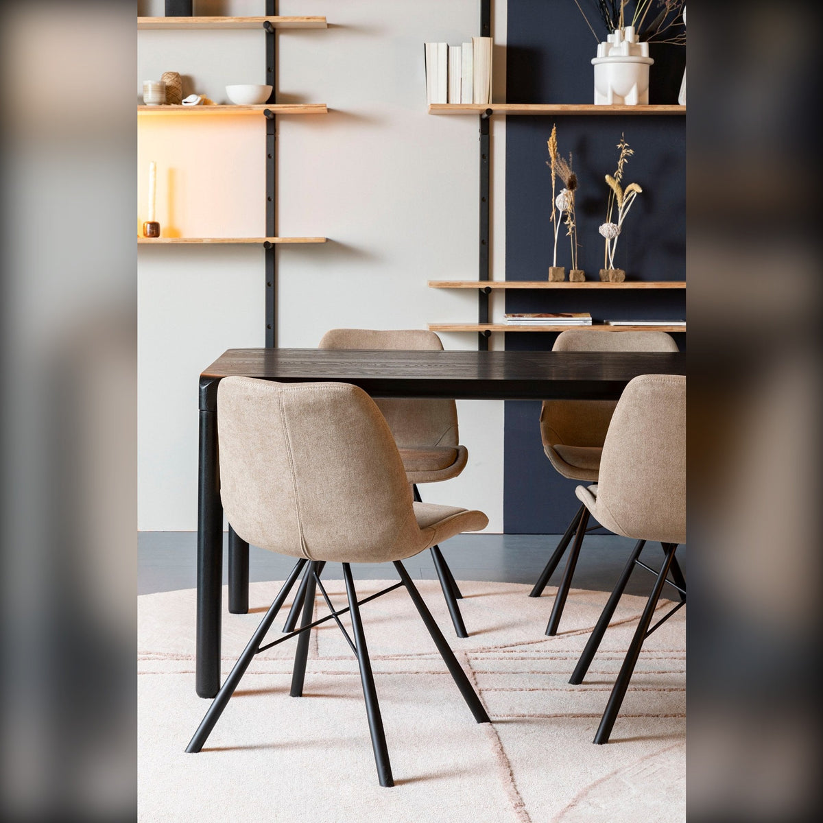 Dining Table Storm 220x90 Black Domestica – Lifestyle – With Beige Chairs and Wall Shelving