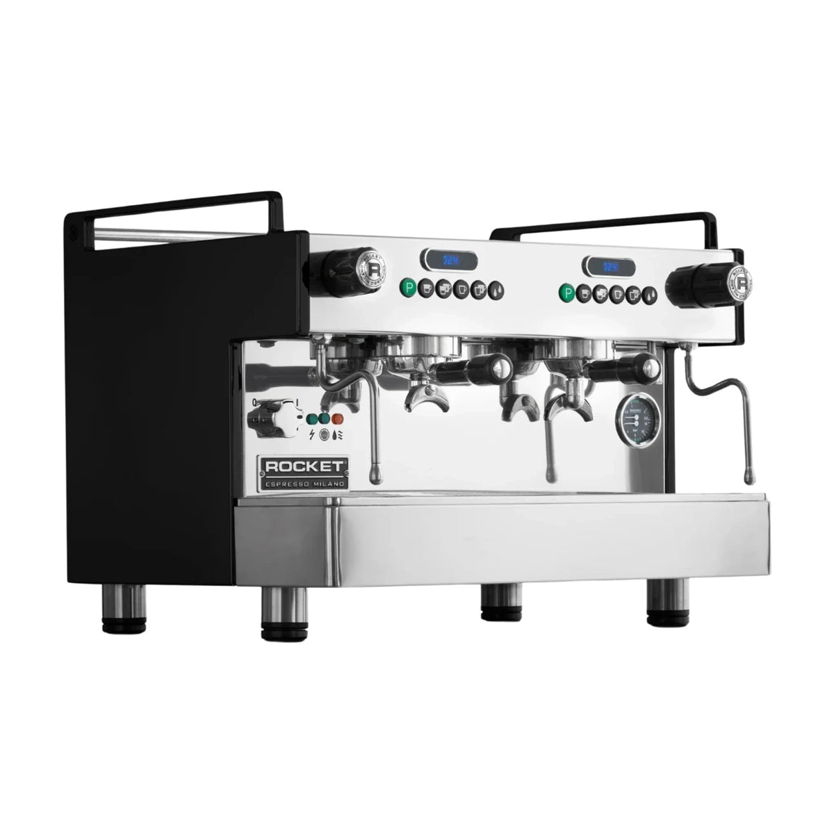 Coffee Machine BOXER EVO Stainless Rocket Espresso Domestica – Black Side Panel Version – Three Quarter View