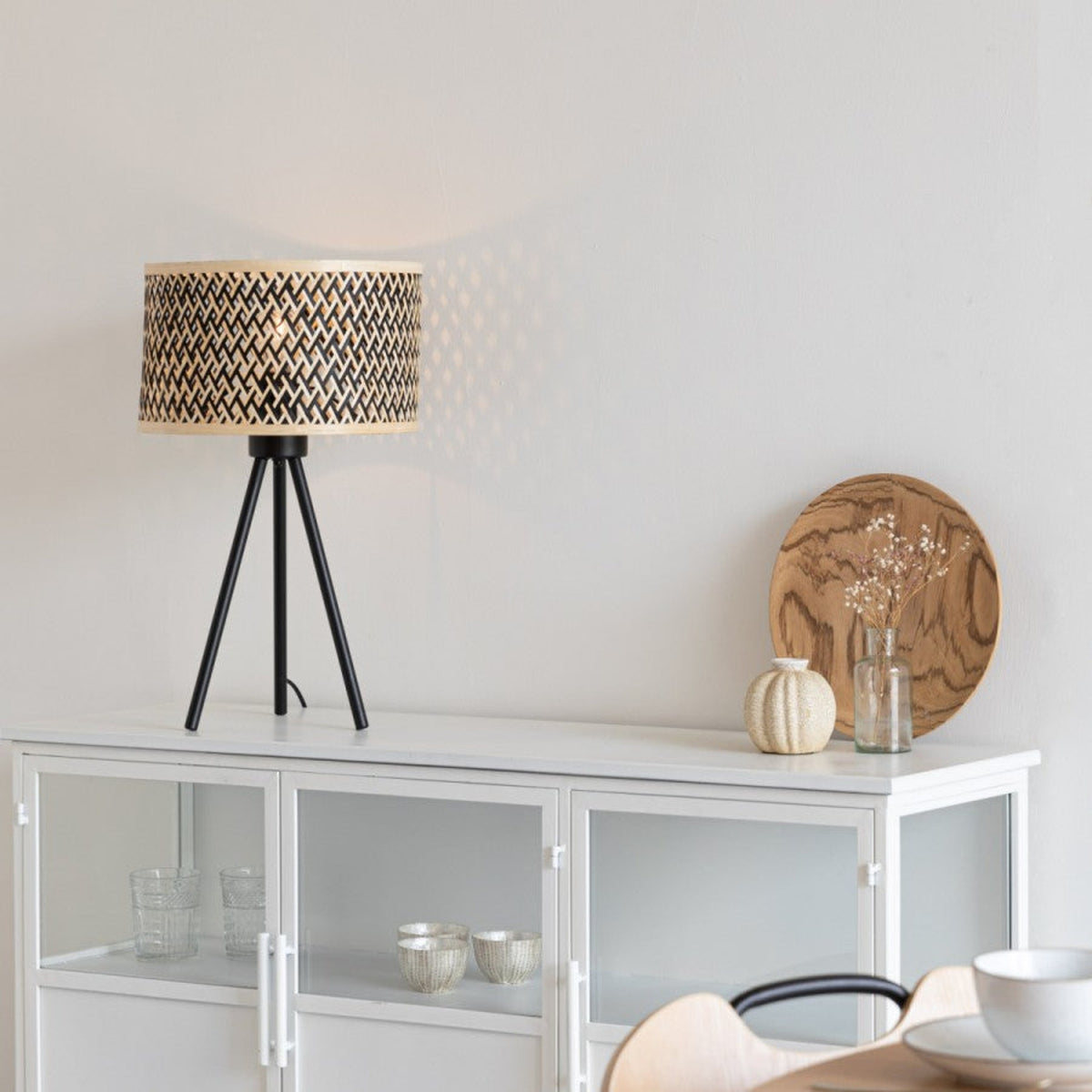 Table Lamp Isla Natural Black Domestica – Lifestyle – On a White Sideboard