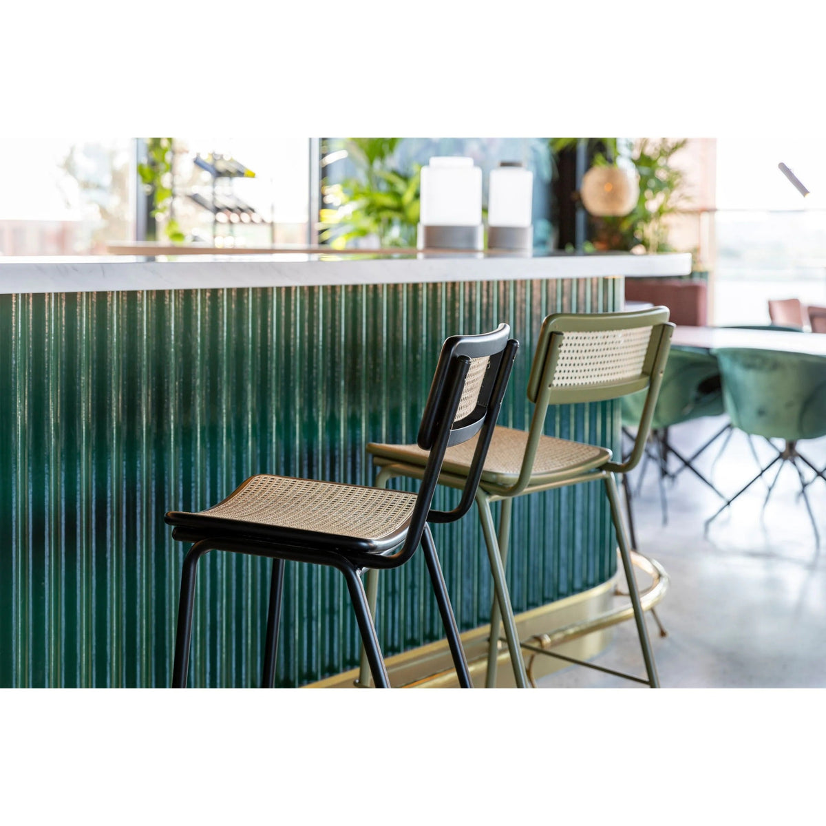 Counter Stool Jort 66.5 cm Natural Black Domestica – Lifestyle – Pair at a Bar Counter with Green Tiles