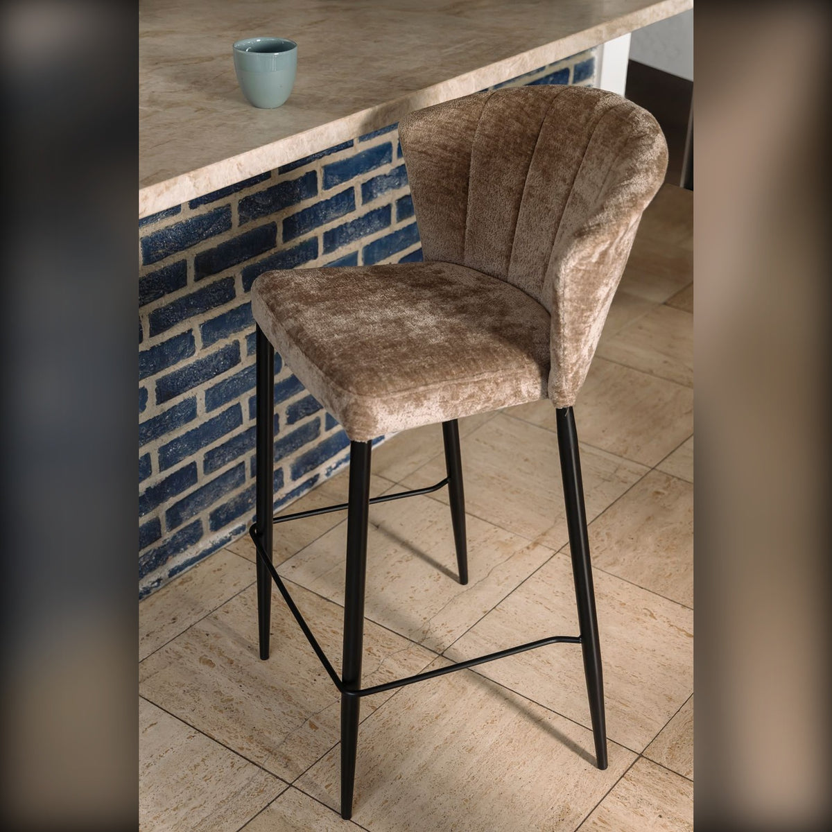 Counter Chair Georgia Beige Domestica – Lifestyle – At a Kitchen Island with Blue Tiles