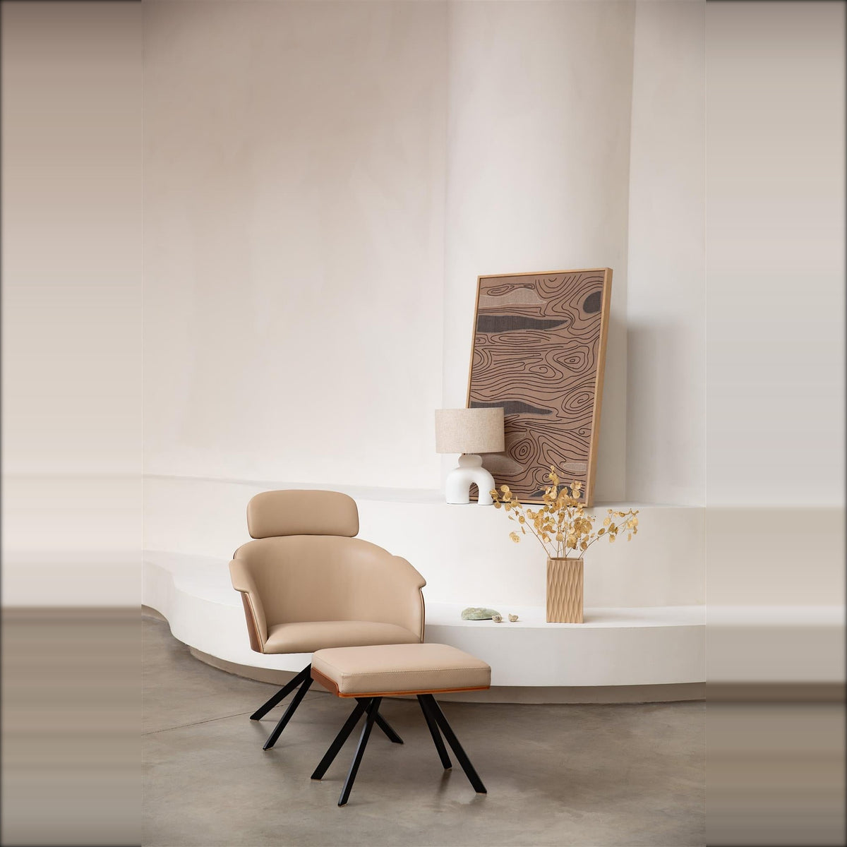 Lounge Chair Frie Beige Walnut Domestica – Lifestyle – Curved Interior with Footstool