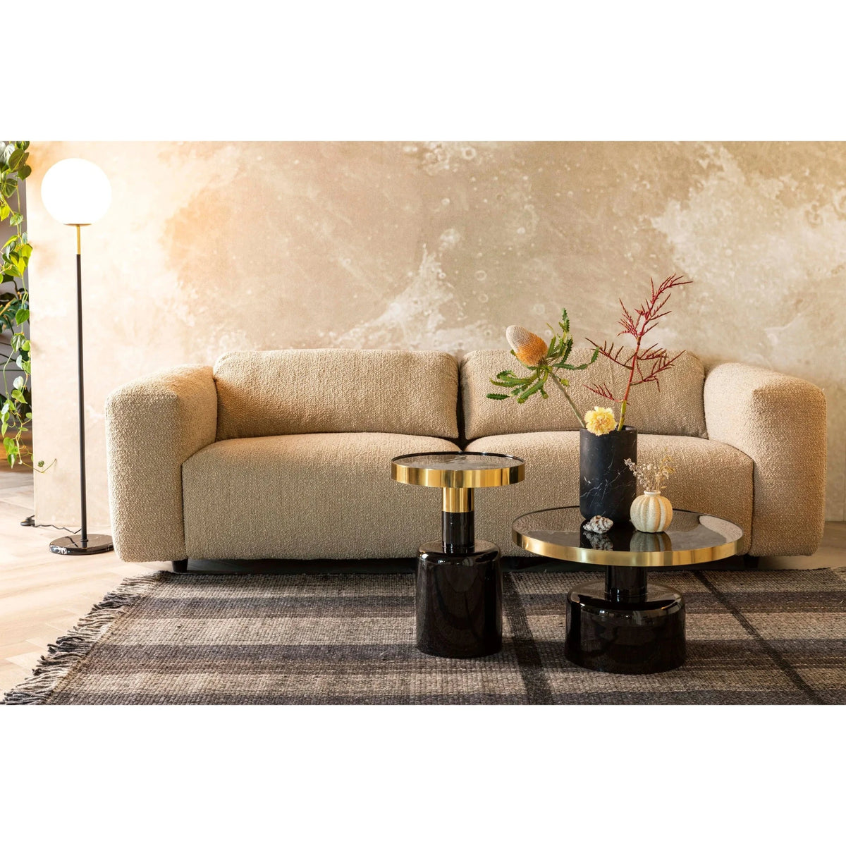 Coffee Table Glam Black Domestica – Lifestyle – Living Room with a Cream Sofa and Floor Lamp