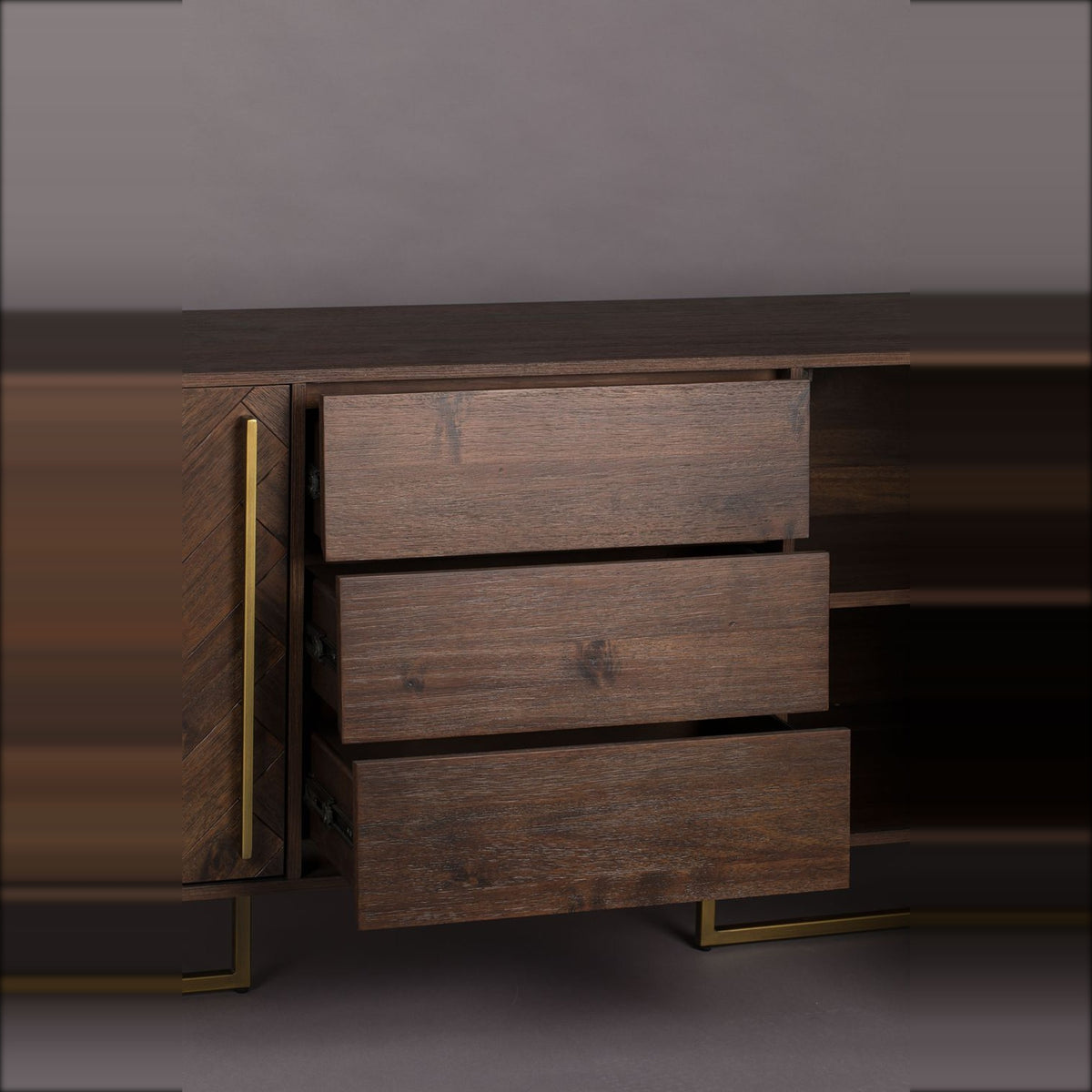 Sideboard Class High Golden Brown Domestica – Three Open Drawers, Angled Detail