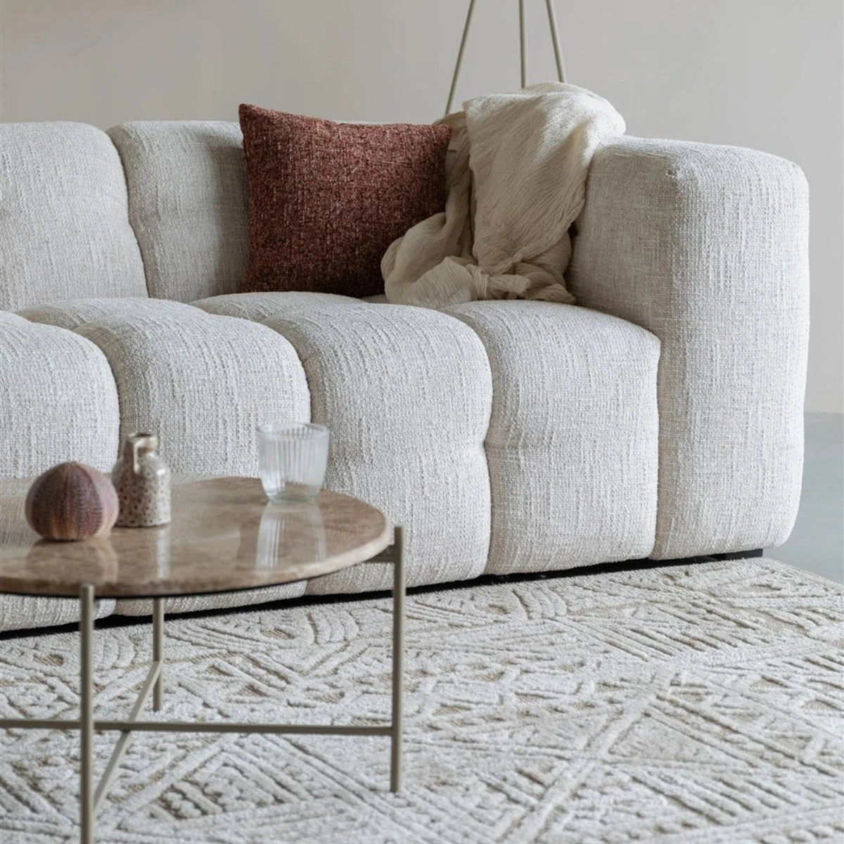 Sofa Trenta 3-Seater White Boucle Domestica – Lifestyle – Styled with Cushions and Glass Table