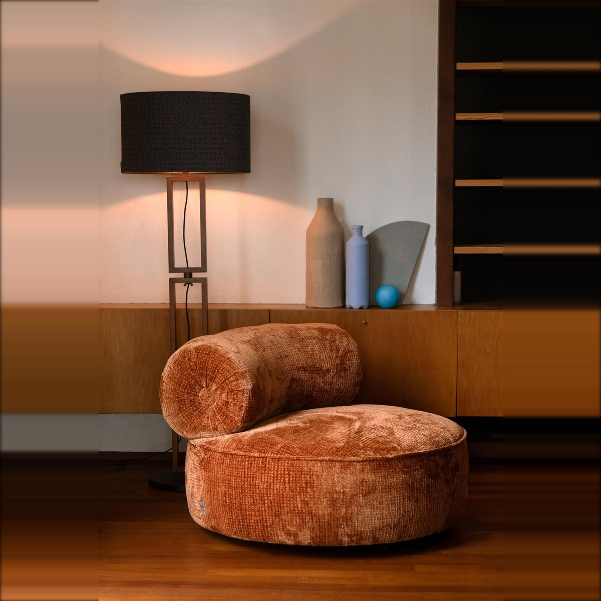 Lounge Chair Tilbury Burned Orange Domestica – Lifestyle – Beside a Sideboard with a Floor Lamp