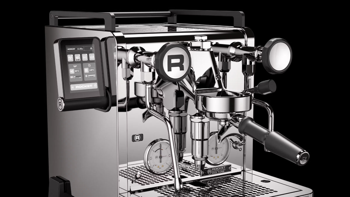 Espresso Machine R58 Tune Rocket Espresso Domestica – Front Close-up with Display on Black