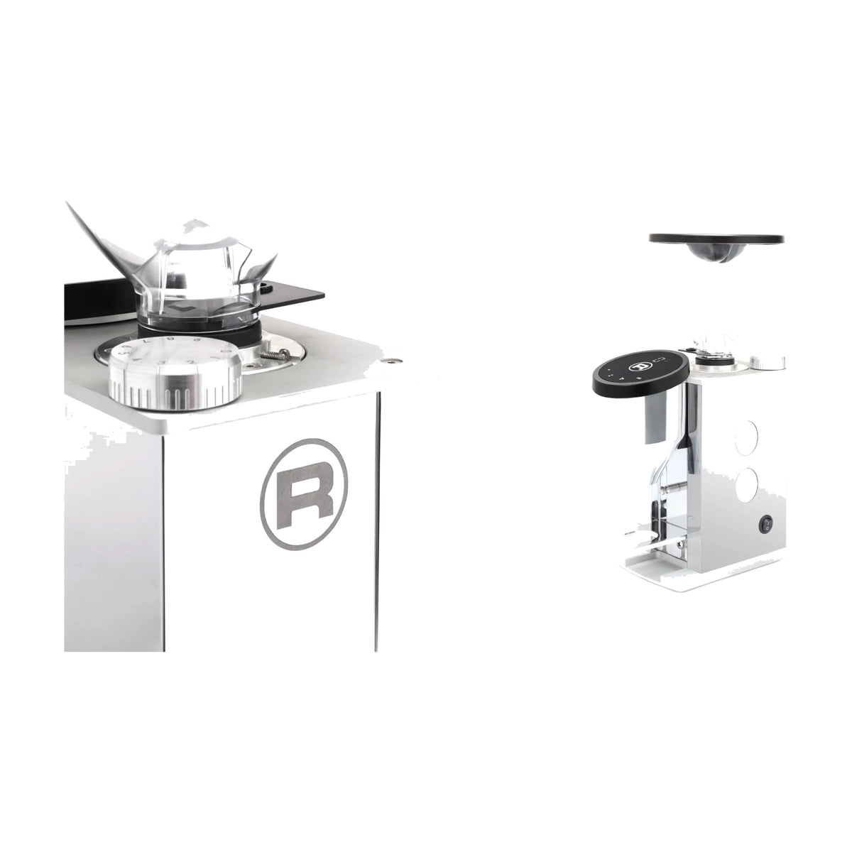 Coffee Grinder Faustino Rocket Espresso Domestica – Appartamento White, Panel Detail and Side View