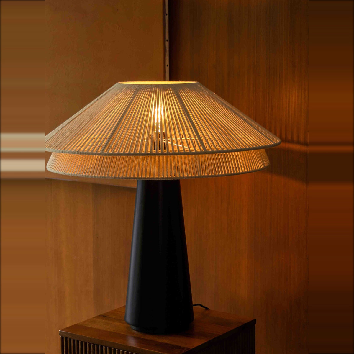 Table Lamp Elon Natural Domestica – Lifestyle – On a Wooden Side Table