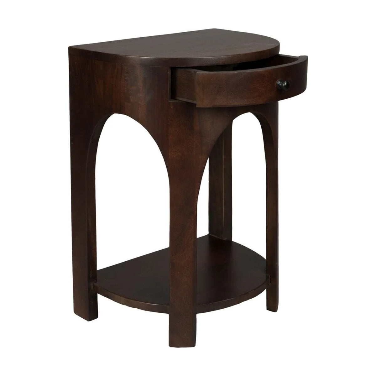 Side Table Belvedere Walnut Domestica – Three Quarter View with Drawer Open on White