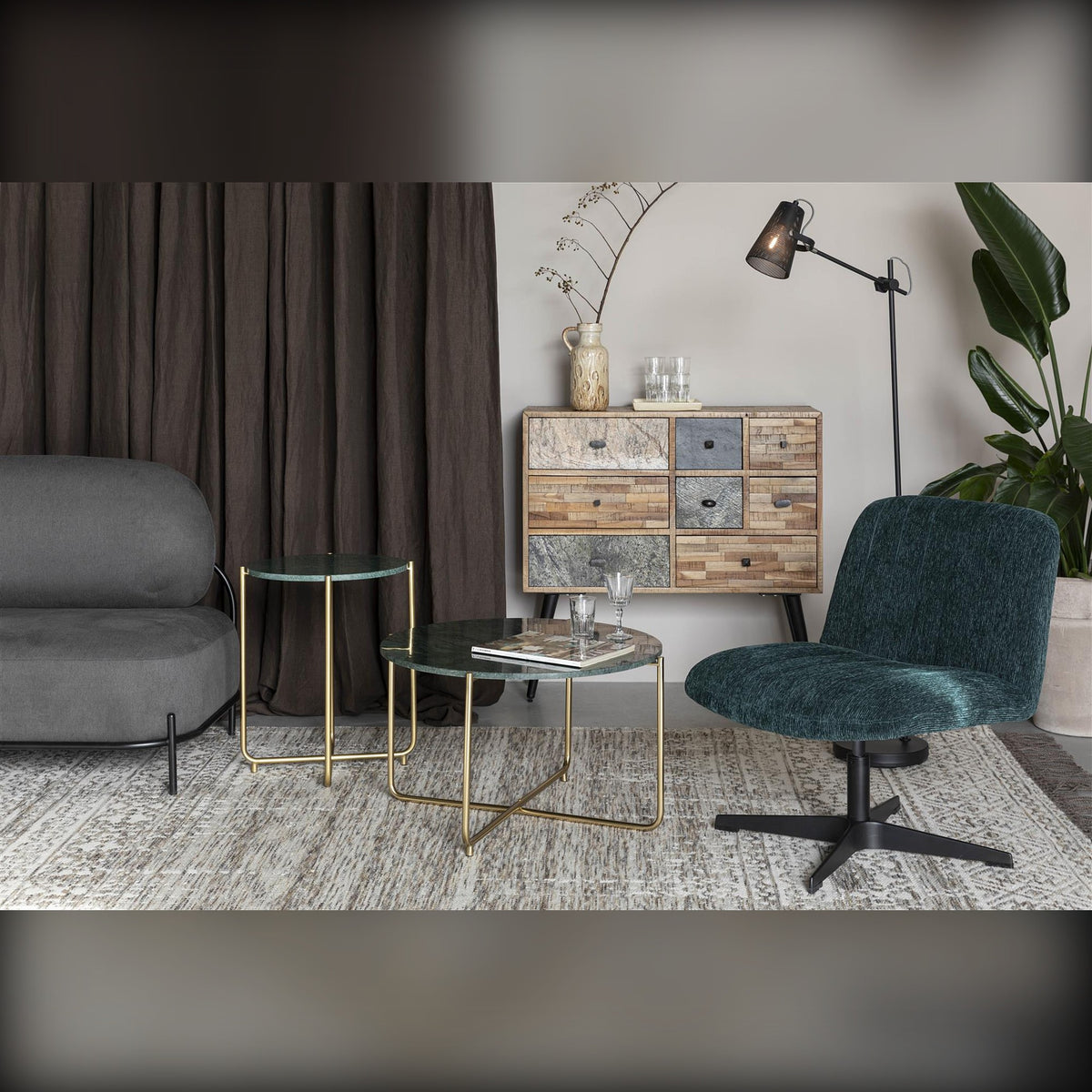 Coffee Table Timpa Marble Green Domestica – Lifestyle – Living Room with Grey Sofa and Teal Armchair