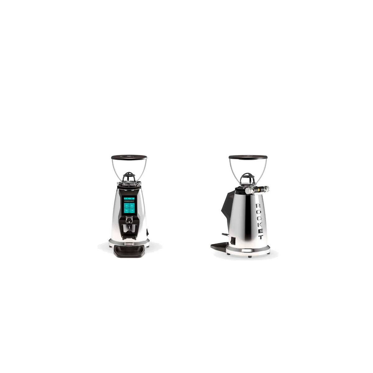 Coffee Grinder Spluga Rocket Espresso Domestica – Chrome, Front and Side Views