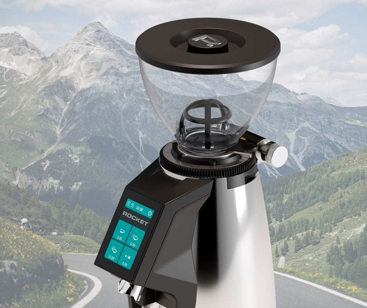 Coffee Grinder Spluga Rocket Espresso Domestica – Chrome, Lifestyle – Alpine Pass Backdrop