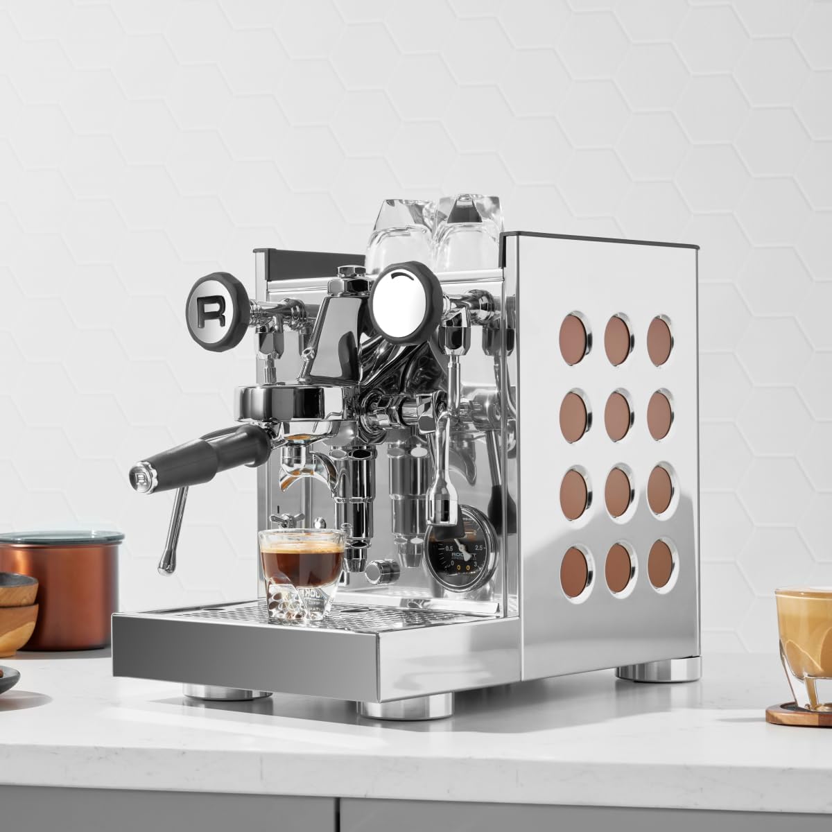 Espresso Machine Appartamento TCA Rocket Espresso Domestica – Lifestyle – Copper Inserts on a Kitchen Counter