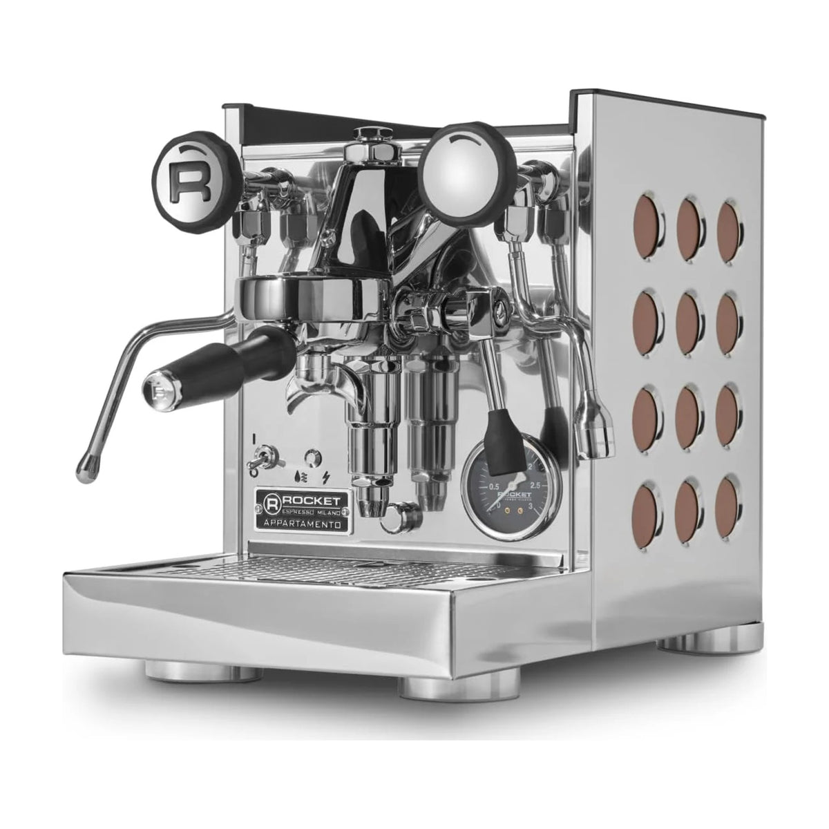 Espresso Machine Appartamento TCA Rocket Espresso Domestica – Three Quarter View with Copper Inserts on White