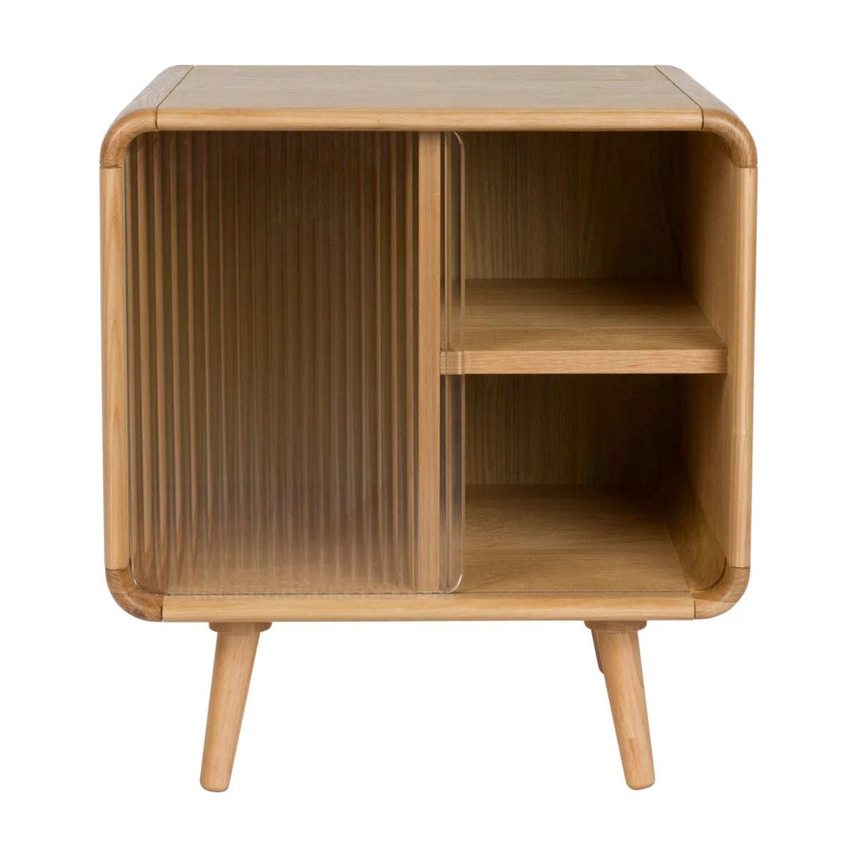 Side Table Rise Natural Domestica – Front View on White, Ribbed Door Slid Left