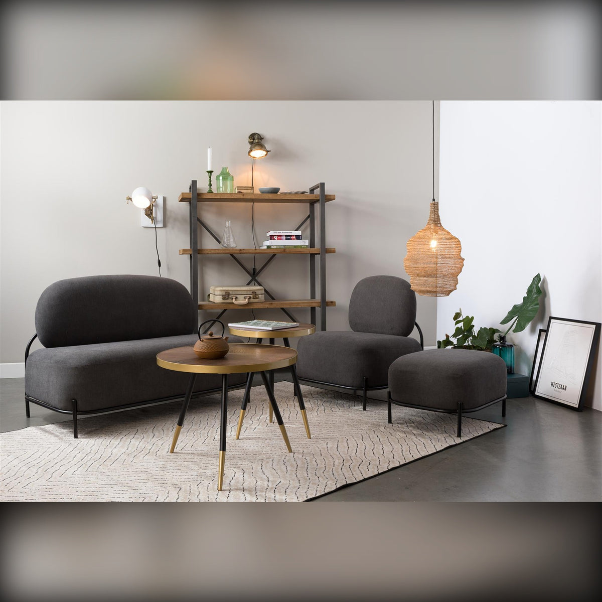 Coffee Table Denise Walnut Gold Domestica – Lifestyle – Lounge with Grey Sofa and Armchair