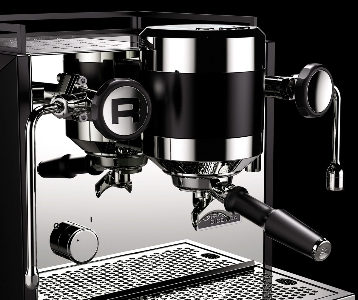 Espresso Machine Bicocca Rocket Espresso Domestica – Group Head and Portafilter Close-up on Black