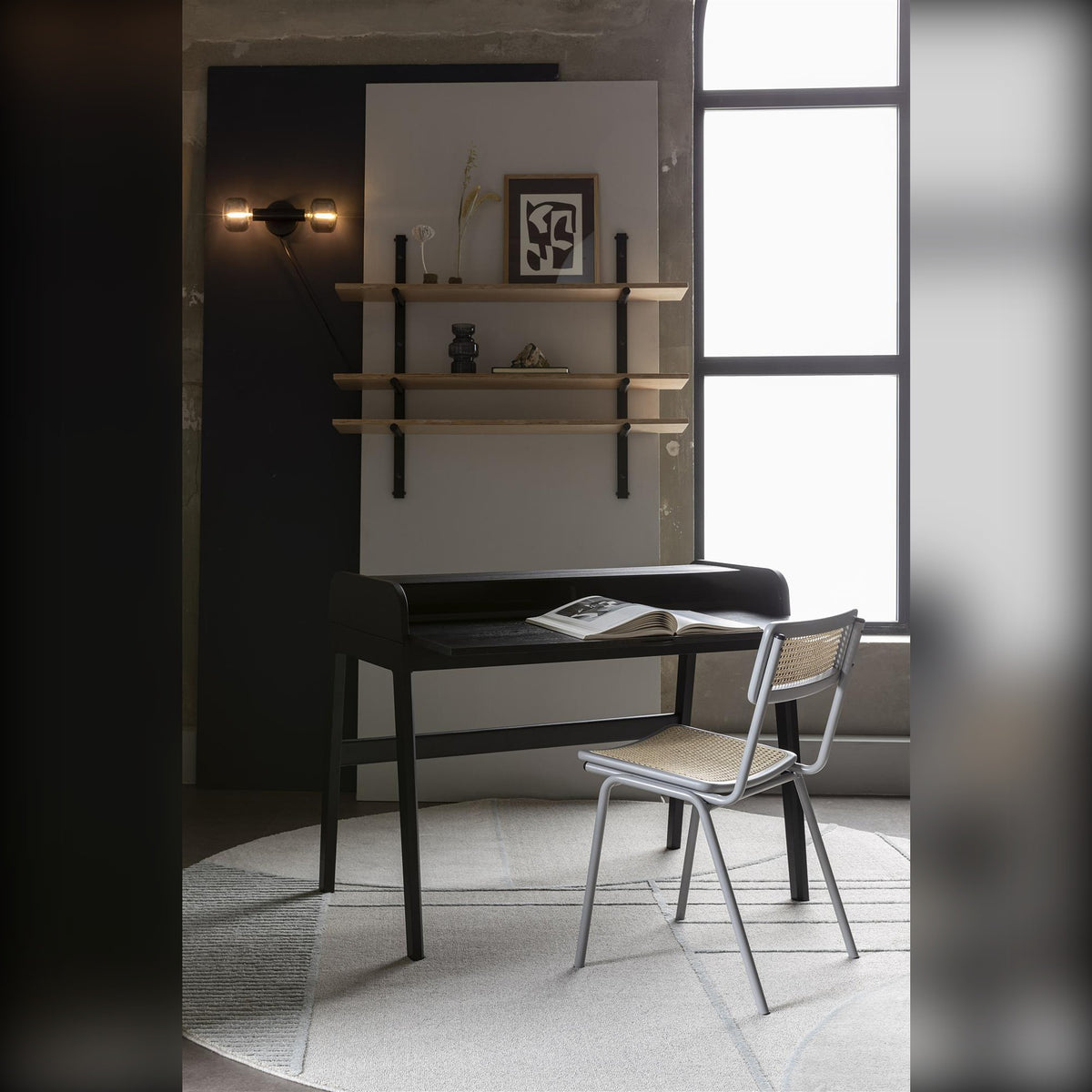 Desk Table Barbier Black Domestica – Lifestyle – With Chair by Wall Shelves