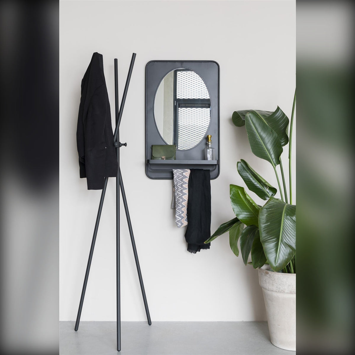 Mirror Shelf Pascal M Black Domestica – Lifestyle – In a Hallway with Coat Stand and Plant