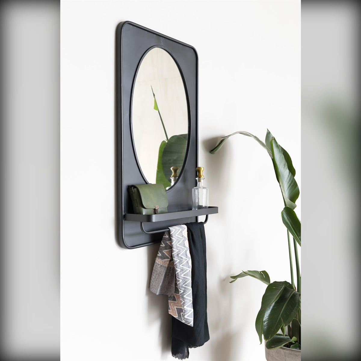 Mirror Shelf Pascal M Black Domestica – Lifestyle – Angled View with Towels and Plant