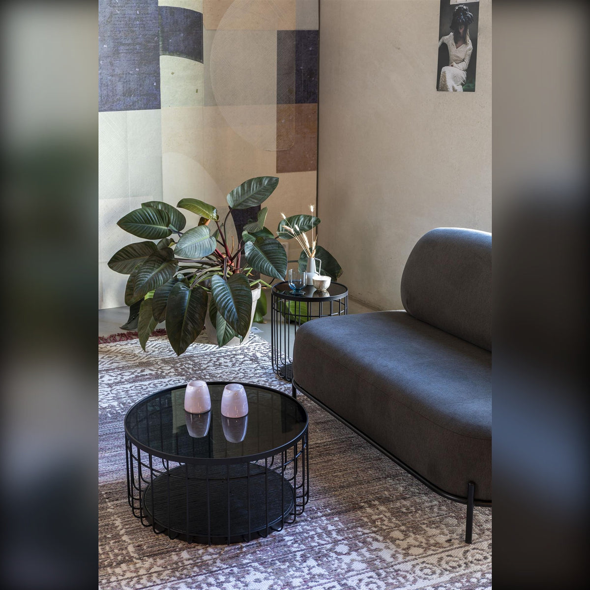 Coffee Table Lance M Black Domestica – Lifestyle – With Grey Sofa and Plant