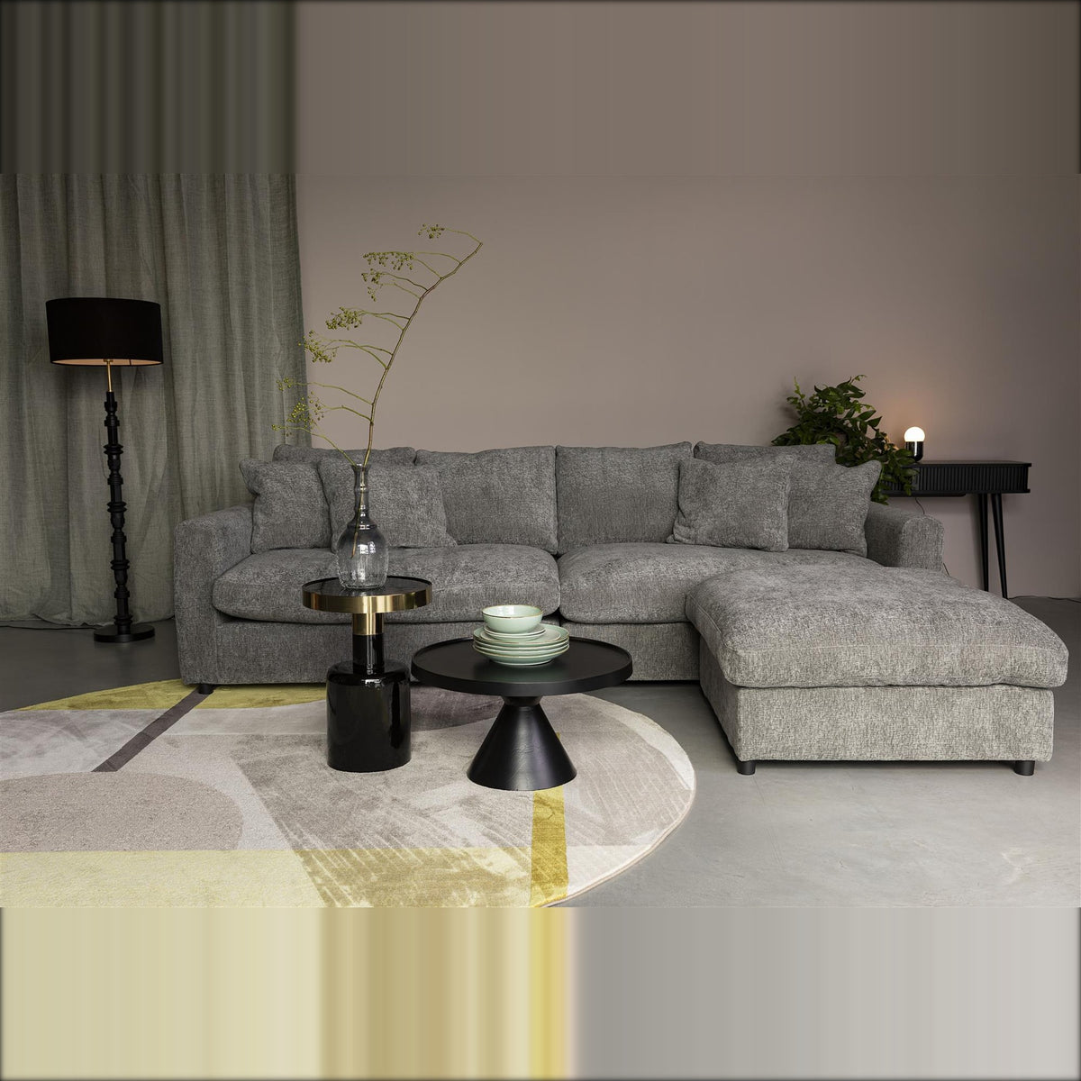 Coffee Table Floss Black Domestica – Lifestyle – With a Matching Side Table and Grey Corner Sofa