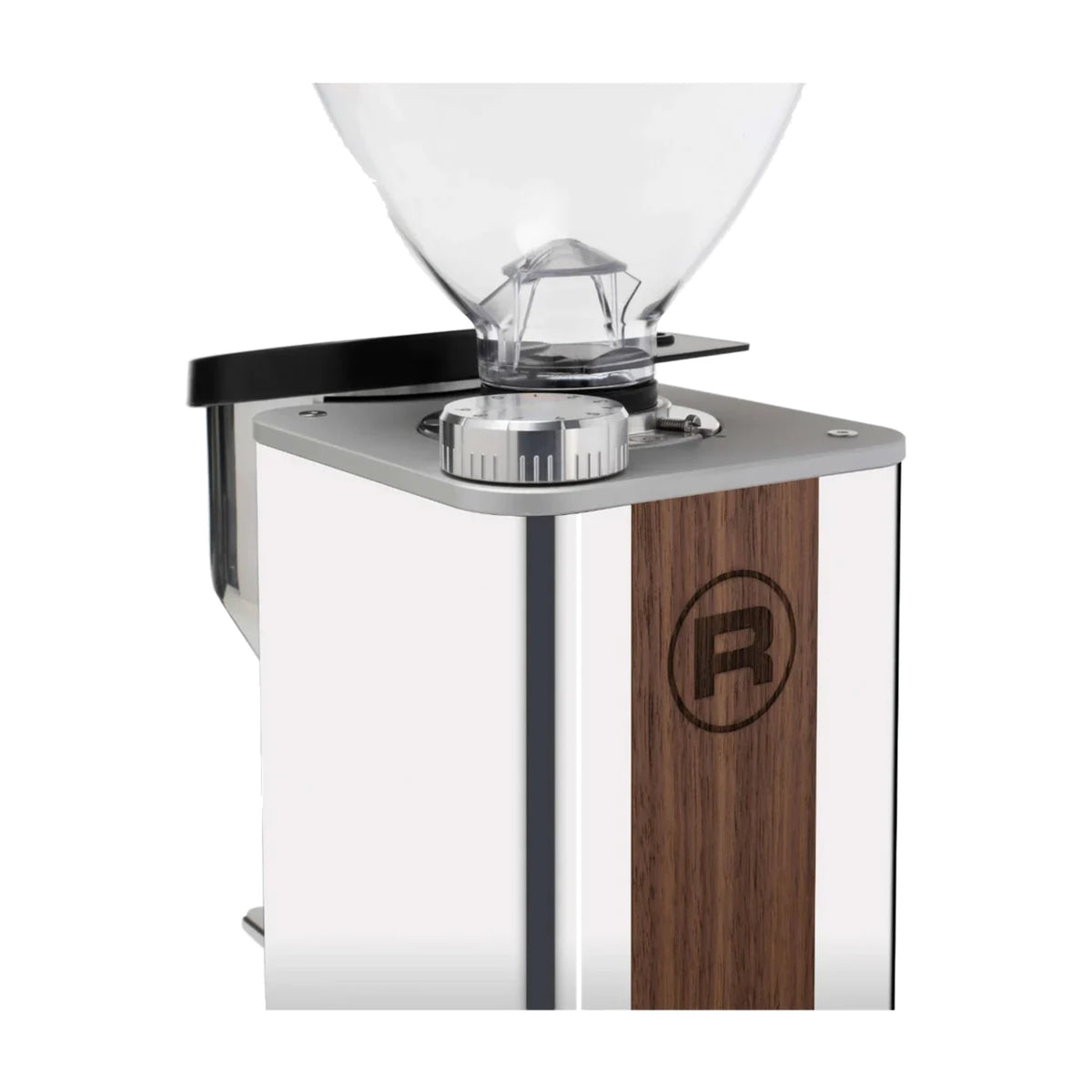 Coffee Grinder Giannino Rocket Espresso Domestica – Chrome/Wood, Walnut Panel and Hopper Close-up