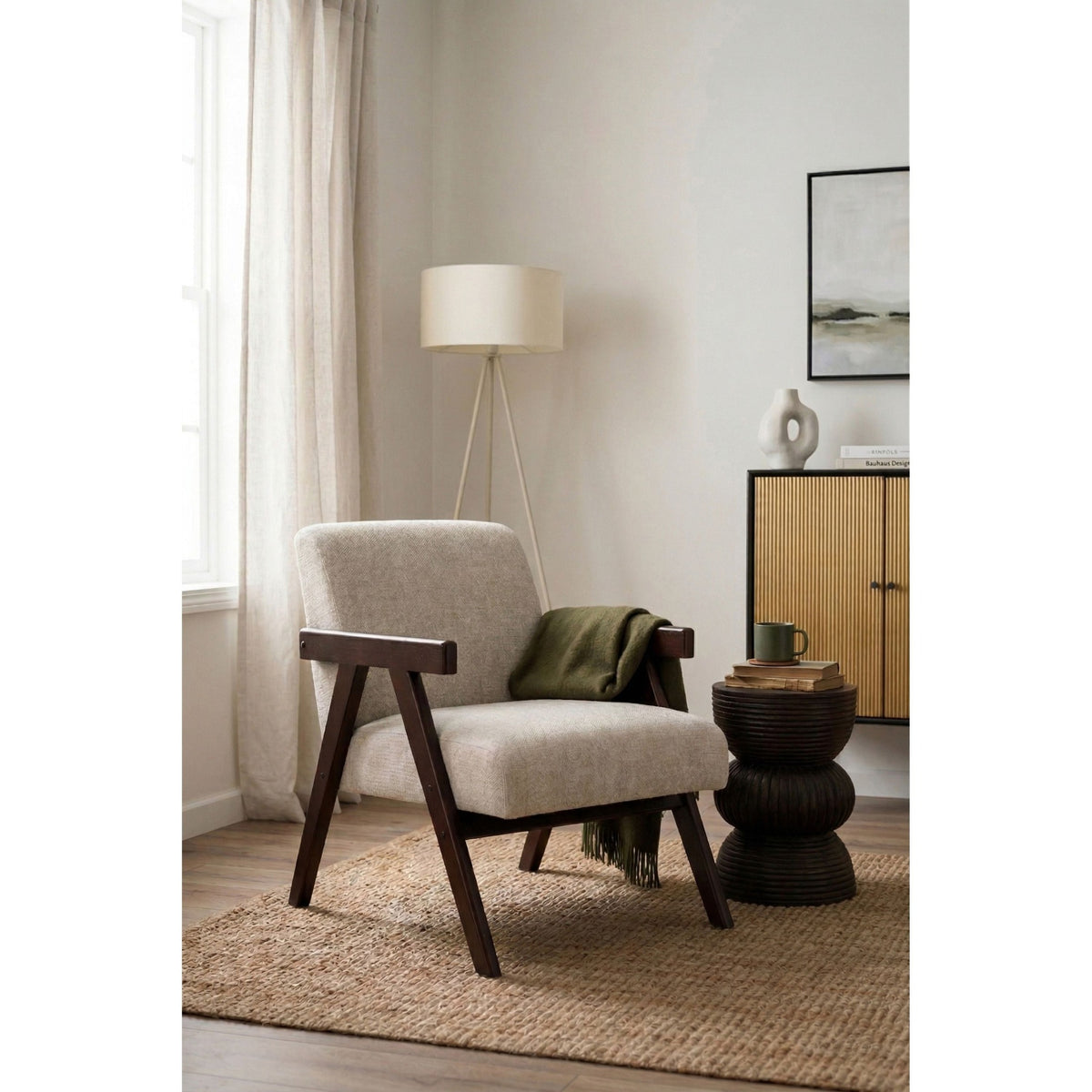 Lounge Chair Panadero Walnut Domestica – Lifestyle – In a Living Room with Floor Lamp and Side Table