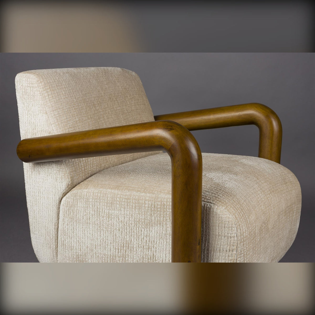 Lounge Chair Robinson Beige Domestica – Curved Wood Armrest Close-up