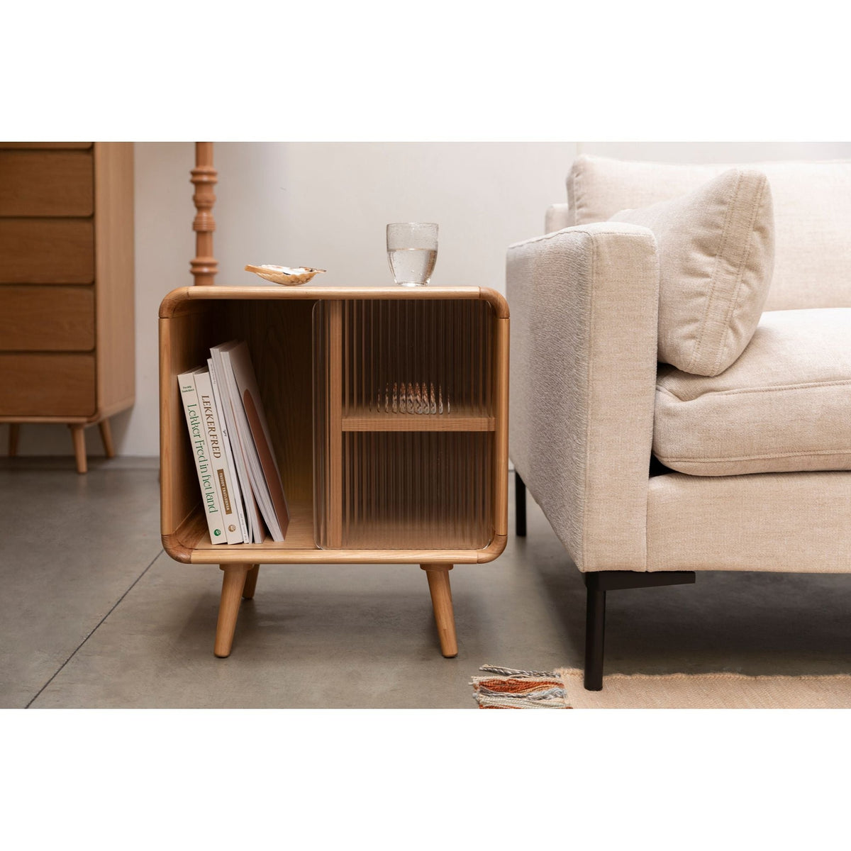 Side Table Rise Natural Domestica – Lifestyle – Beside a Sofa with Books