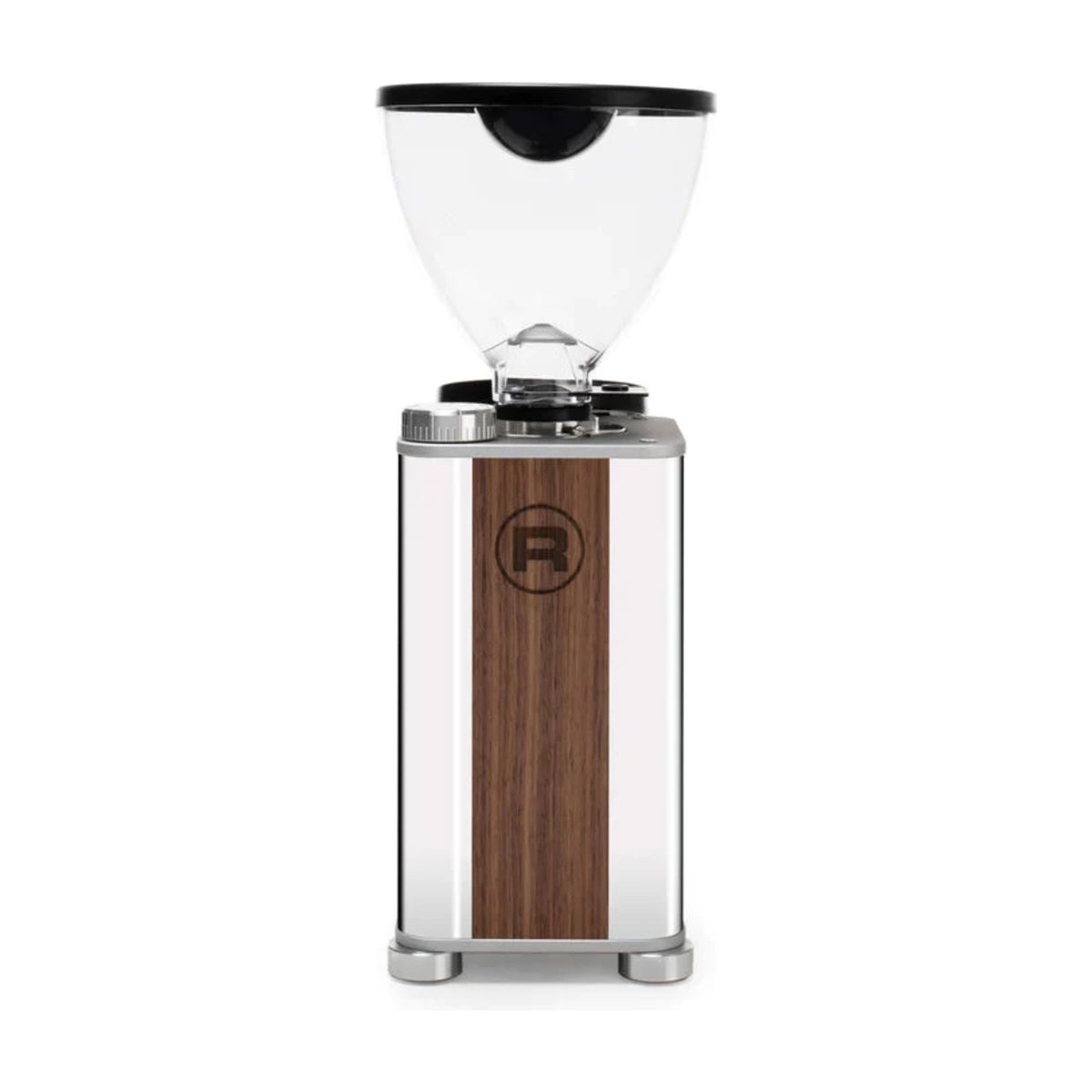 Coffee Grinder Giannino Rocket Espresso Domestica – Chrome/Wood, Back View with Walnut Panel