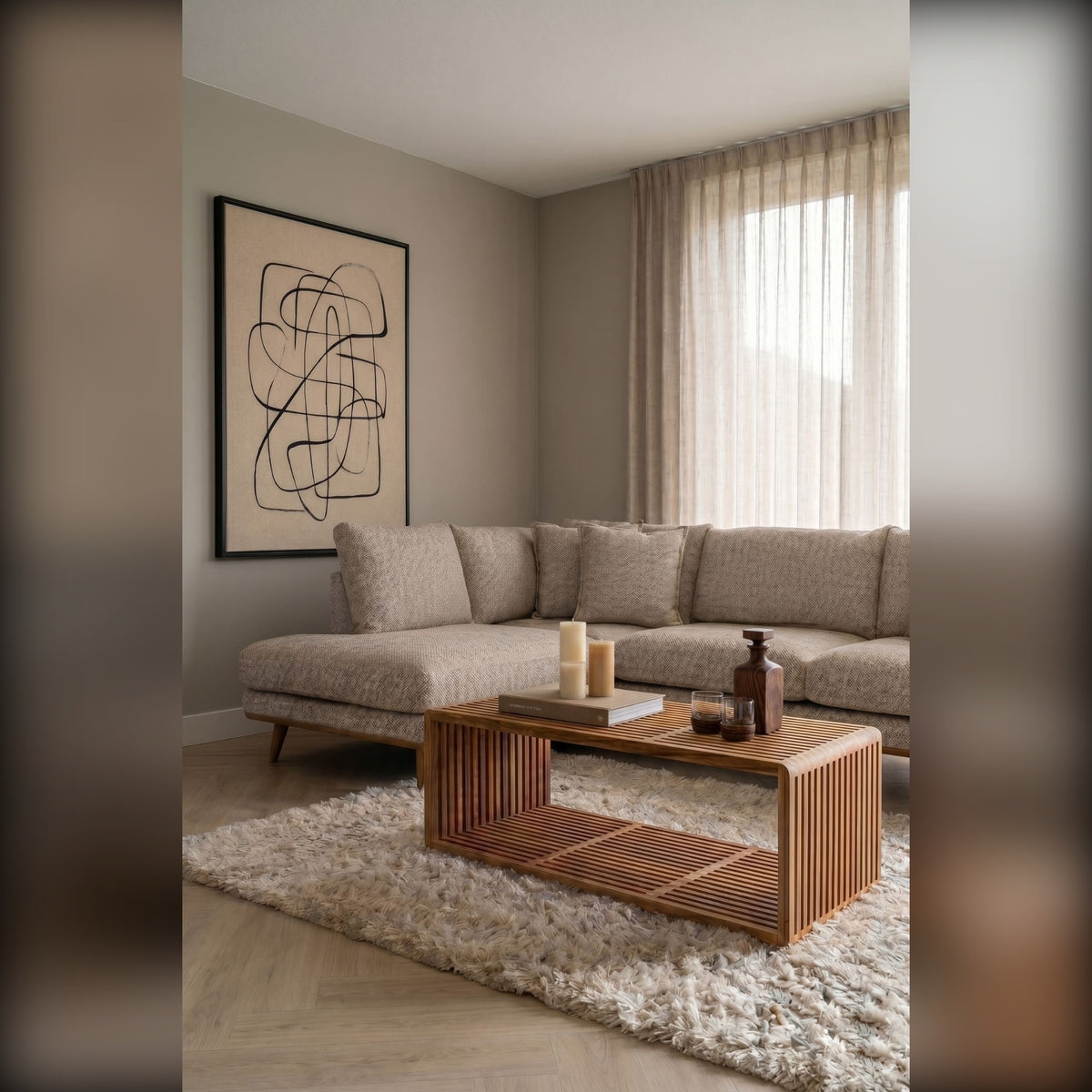 Coffee Table Djia Natural Teak Domestica – Lifestyle – In a Living Room with Corner Sofa