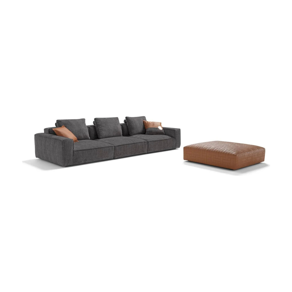 Plaza Domestica – Shown in Dark Grey Fabric with Rust Ottoman on White
